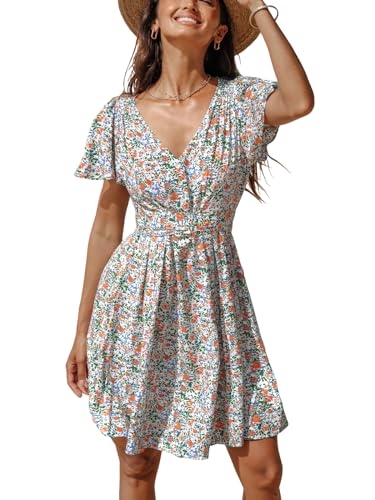 CUPSHE Damen Sommerkleid V Ausschnitt Knöpfen Kurzarm Blumenmuster Ausgestelltes Kleid Kurze Freizeitkleider Sommer Beach Mini Dress Grünes Blatt XS von CUPSHE
