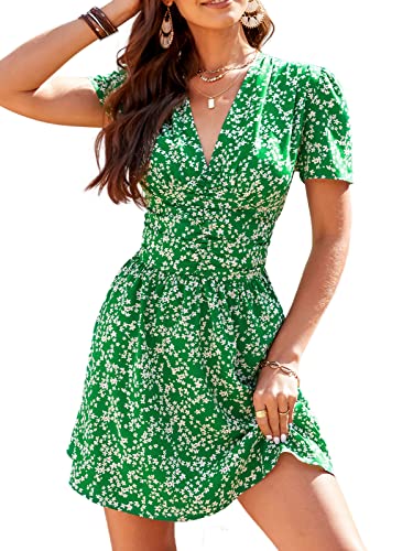 CUPSHE Damen Sommerkleid V Ausschnitt Kurzarm Blumenmuster Kurzes Kleid Freizeitkleider Beach Mini Dress Grün S von CUPSHE