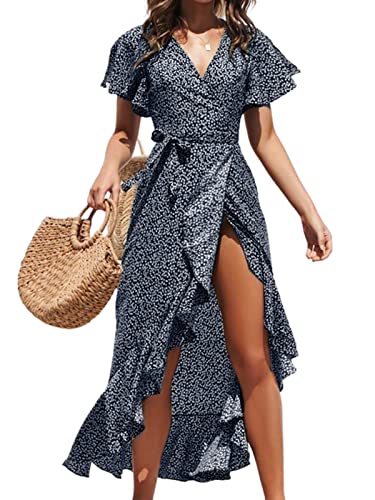 CUPSHE Damen Sommerkleid V Ausschnitt Kurzarm High Low Wickelkleid Rüschensaum Blumenmuster Lange Freizeitkleider Strand Maxi Dress Schwarz L von CUPSHE