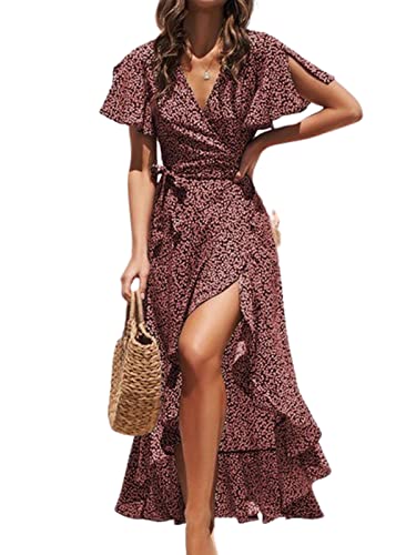 CUPSHE Damen Sommerkleid V Ausschnitt Kurzarm High Low Wickelkleid Rüschensaum Lange Freizeitkleider Strand Maxi Dress Rot L von CUPSHE