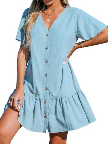 CUPSHE Damen Sommerkleid V Ausschnitt Kurzarm Knopfleiste Rüschen Baumwolle Strandkleid Freizeitkleider Sommer Mini Dress Himmelblau M von CUPSHE