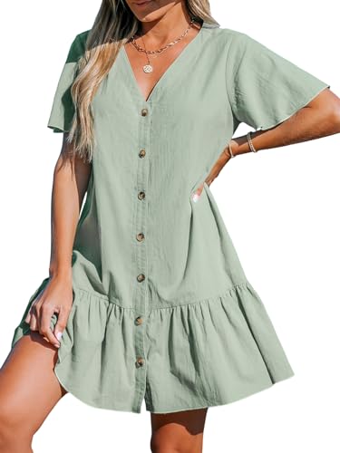 CUPSHE Damen Sommerkleid V Ausschnitt Kurzarm Knopfleiste Rüschen Baumwolle Strandkleid Freizeitkleider Sommer Mini Dress Salbeigrün XL von CUPSHE