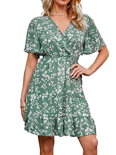 CUPSHE Damen Sommerkleid V Ausschnitt Kurzarm Rüschensaum Blumenmuster Kurzes Wickelkleid Freizeitkleider Beach Wrap Mini Dress Grün L von CUPSHE