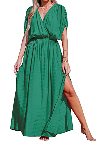 CUPSHE Damen Sommerkleid V Ausschnitt Kurzarm Seitenschlitz Strandkleid Lang Freizeitkleider Beach Cover Up Maxi Dress Grün M von CUPSHE