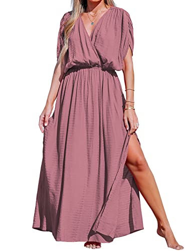 CUPSHE Damen Sommerkleid V Ausschnitt Kurzarm Seitenschlitz Strandkleid Lang Freizeitkleider Beach Cover Up Maxi Dress Ziegelrot S von CUPSHE