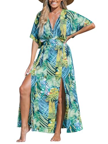CUPSHE Damen Sommerkleid V Ausschnitt Kurzarm Seitenschlitz Tropical Print Kimono Strandkleid Freizeitkleider Beach Maxi Dress Tropical Green L von CUPSHE