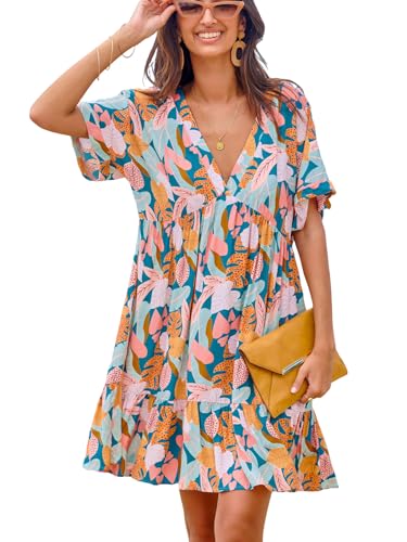 CUPSHE Damen Sommerkleid V Ausschnitt Kurzarm Volants Cover Up Strandkleid Loose Fit Tropical Print Freizeitkleider Sommer Mini Tunika Dress Pink Tropisch M von CUPSHE
