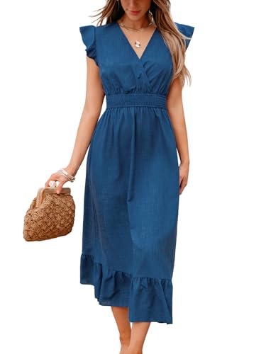 CUPSHE Damen Sommerkleid V-Ausschnitt Kurze Flatterärmel Strandkleider Gesmokte Taille Rüschensaum Freizeitkleider Midi Dress Blau M von CUPSHE