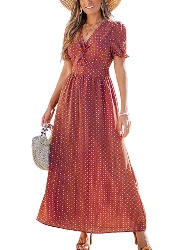CUPSHE Damen Sommerkleid V-Ausschnitt Kurze Puffärmel Kleider Cutout Twist Vorne Freizeitkleid Strand A-Linie Maxi Dress von CUPSHE