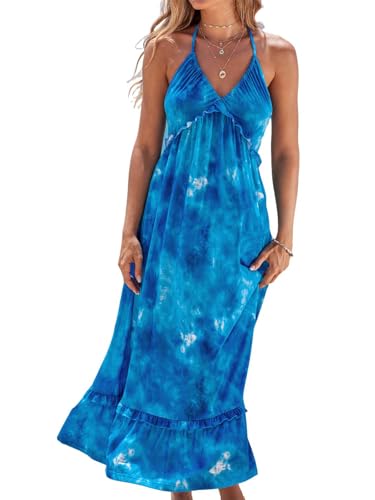 CUPSHE Damen Sommerkleid V Ausschnitt Neckholder Ärmellos Volants Lang Freizeitkleider Backless Smocked Maxi Beach Dress Krawattenfarbe Blau L CUPSHE Damen Sommerkleid V Ausschnitt Neckholder Ärmellos Volants Lang Freizeitkleider Backless Smocked Maxi Beach Dress Krawattenfarbe Blau L von CUPSHE