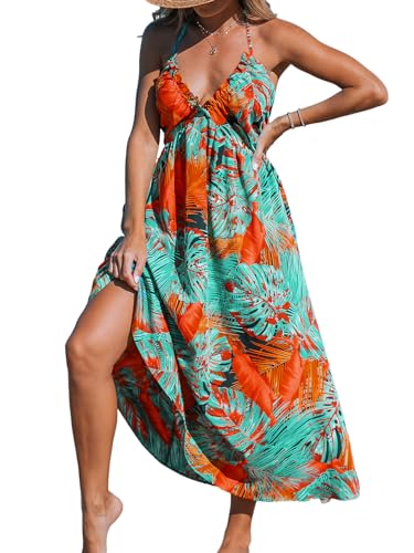 CUPSHE Damen Sommerkleid V Ausschnitt Neckholder Ärmellos Volants Lang Freizeitkleider Backless Smocked Maxi Beach Dress Tropisches Grün M von CUPSHE
