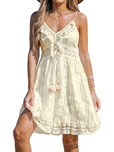 CUPSHE Damen Sommerkleid V Ausschnitt Quasten Floral Spitze Spaghetti Trägerkleid Kurze Freizeitkleider Boho Beach Mini Dress Beige/Minilänge L von CUPSHE