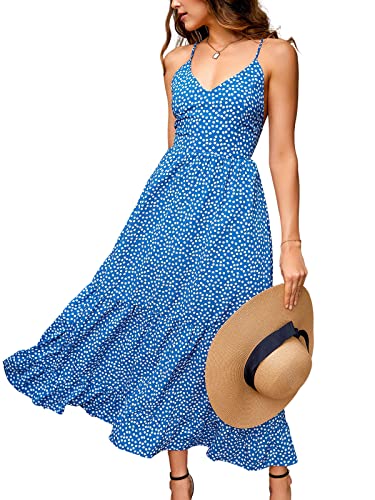 CUPSHE Damen Sommerkleid V Ausschnitt Rückenfrei Schnürung Rüschensaum Blumenkleid Freizeitkleider Beach Maxi Dress Blau L von CUPSHE