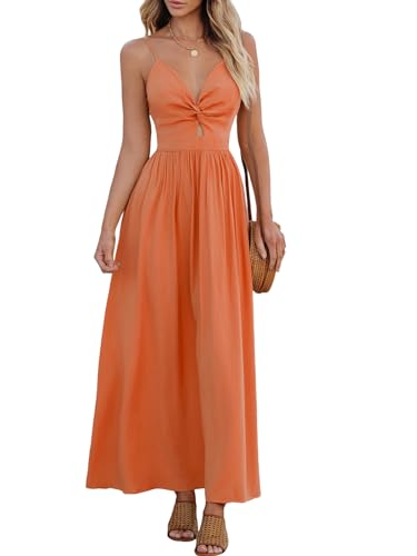CUPSHE Damen Kleid V Ausschnitt Twist vorne Blumendruck Verstellbares Cami Maxikleid Freizeitkleider Boho Beach Maxi Dress Orange M von CUPSHE