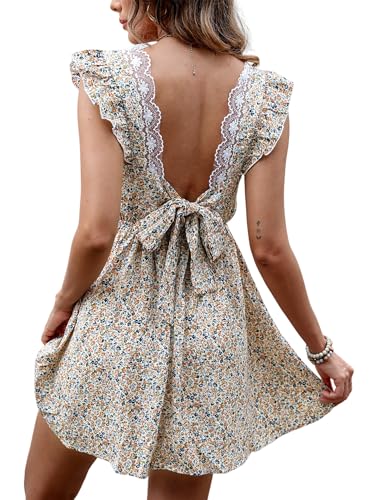 CUPSHE Damen Sommerkleid V Ausschnitt Volantärmel Rückenfrei Baumwolle Cover Up Strandkleid Freizeitkleider Sommer Mini Dress Beige/Blumen L von CUPSHE
