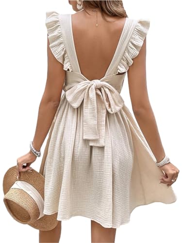 CUPSHE Damen Sommerkleid V Ausschnitt Volantärmel Rückenfrei Baumwolle Cover Up Strandkleid Freizeitkleider Sommer Mini Dress Beige XS von CUPSHE