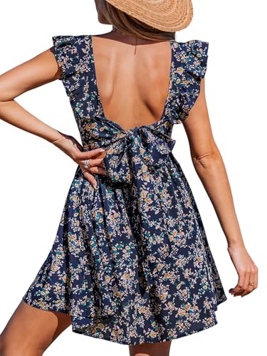CUPSHE Damen Sommerkleid V Ausschnitt Volantärmel Rückenfrei Baumwolle Cover Up Strandkleid Freizeitkleider Sommer Mini Dress Marineblau mit Blumenmuster XL von CUPSHE