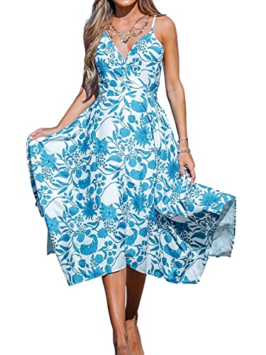 CUPSHE Damen Sommerkleid V Ausschnitt Wickeloptik Spaghetti Trägerkleid Asymmetrische Freizeitkleider Beach Cami Dress Blau L von CUPSHE