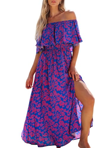CUPSHE Damen Sommerkleid Volants Schulterfreies Kleid Beinschlitz Tropical Print Freizeitkleider Beach Off Shoulder Maxi Dress Blau/Violett L von CUPSHE
