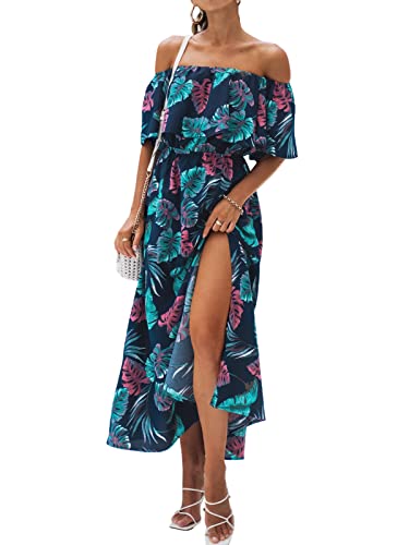 CUPSHE Damen Sommerkleid Volants Schulterfreies Kleid Beinschlitz Tropical Print Freizeitkleider Beach Off Shoulder Maxi Dress Blau S von CUPSHE