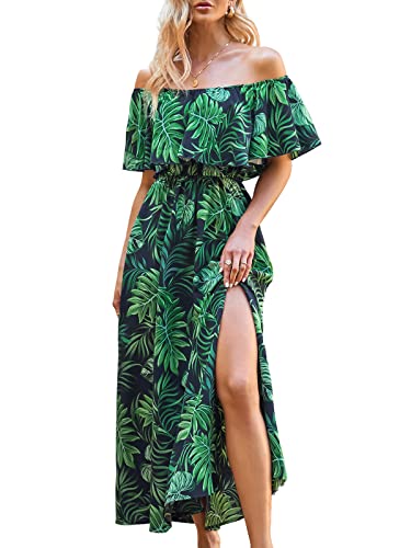 CUPSHE Damen Sommerkleid Volants Schulterfreies Kleid Beinschlitz Tropical Print Freizeitkleider Beach Off Shoulder Maxi Dress Grün L von CUPSHE