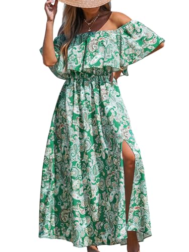 CUPSHE Damen Sommerkleid Volants Schulterfreies Kleid Beinschlitz Tropical Print Freizeitkleider Beach Off Shoulder Maxi Dress Grünes Blumenmuster S von CUPSHE
