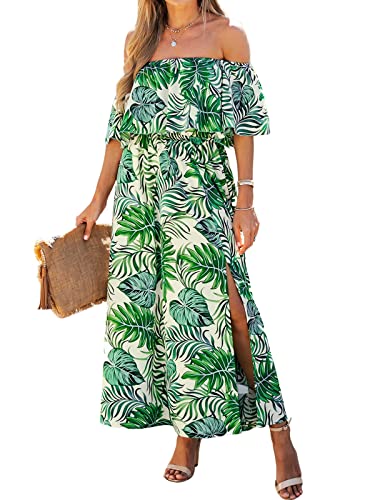 CUPSHE Damen Sommerkleid Volants Schulterfreies Kleid Beinschlitz Tropical Print Freizeitkleider Beach Off Shoulder Maxi Dress Hellgrün M von CUPSHE