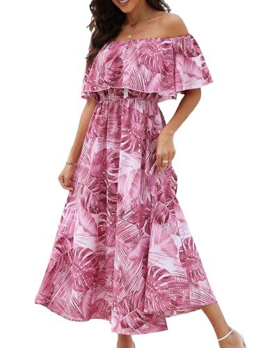 CUPSHE Damen Sommerkleid Volants Schulterfreies Kleid Beinschlitz Tropical Print Freizeitkleider Beach Off Shoulder Maxi Dress Rosa L von CUPSHE