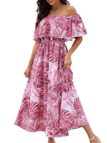 CUPSHE Damen Sommerkleid Volants Schulterfreies Kleid Beinschlitz Tropical Print Freizeitkleider Beach Off Shoulder Maxi Dress Rosa XL von CUPSHE