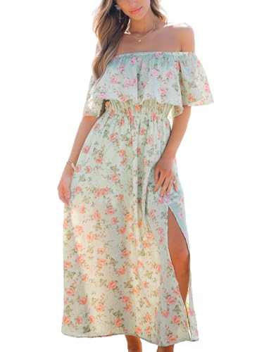 CUPSHE Damen Sommerkleid Volants Schulterfreies Kleid Beinschlitz Tropical Print Freizeitkleider Beach Off Shoulder Maxi Dress von CUPSHE