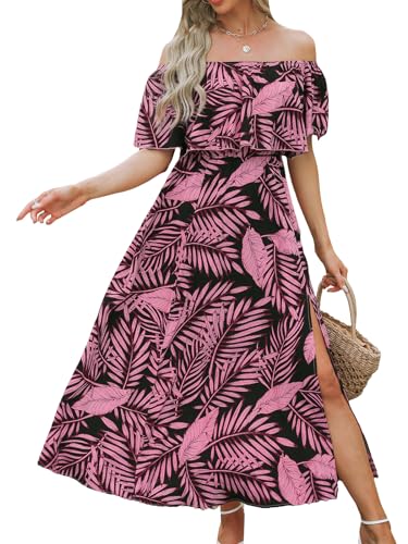 CUPSHE Damen Sommerkleid Volants Schulterfreies Kleid Beinschlitz Tropical Print Freizeitkleider Beach Off Shoulder Maxi Dress von CUPSHE