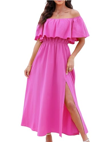 CUPSHE Damen Sommerkleid Volants Schulterfreies Kleid Strandkleid Beinschlitz Luftig A Linie Freizeitkleider Beach Off Shoulder Maxi Dress Fuchsia XL von CUPSHE