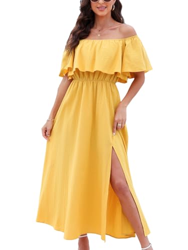 CUPSHE Damen Sommerkleid Volants Schulterfreies Kleid Strandkleid Beinschlitz Luftig A Linie Freizeitkleider Beach Off Shoulder Maxi Dress Gelb L von CUPSHE