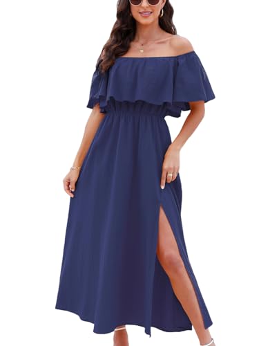 CUPSHE Damen Sommerkleid Volants Schulterfreies Kleid Strandkleid Beinschlitz Luftig A Linie Freizeitkleider Beach Off Shoulder Maxi Dress Marineblau S von CUPSHE