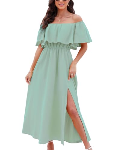 CUPSHE Damen Sommerkleid Volants Schulterfreies Kleid Strandkleid Beinschlitz Luftig A Linie Freizeitkleider Beach Off Shoulder Maxi Dress Minze L von CUPSHE