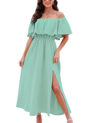 CUPSHE Damen Sommerkleid Volants Schulterfreies Kleid Strandkleid Beinschlitz Luftig A Linie Freizeitkleider Beach Off Shoulder Maxi Dress Minze S von CUPSHE