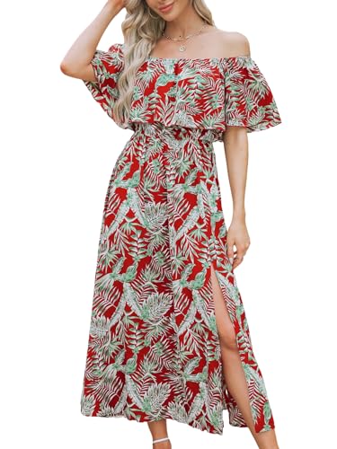 CUPSHE Damen Sommerkleid Volants Schulterfreies Kleid Strandkleid Beinschlitz Tropical Print A Linie Freizeitkleider Beach Off Shoulder Maxi Dress Red Wooden Leaf L von CUPSHE