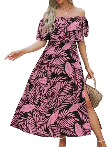 CUPSHE Damen Sommerkleid Volants Schulterfreies Kleid Strandkleid Beinschlitz Tropical Print A Linie Freizeitkleider Beach Off Shoulder Maxi Dress Schwarzes Blatt M von CUPSHE