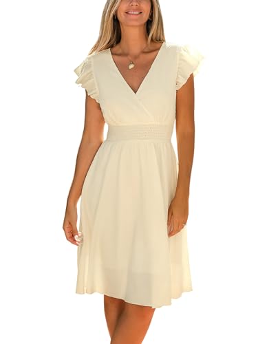CUPSHE Damen Sommerkleid Wickeloptik V-Ausschnitt Flatterärmel Freizeitkleider Gesmokt Sommer Hochzeitskleid A-Linie Mini Dress Beige L von CUPSHE
