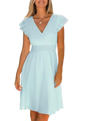 CUPSHE Damen Sommerkleid Wickeloptik V-Ausschnitt Flatterärmel Freizeitkleider Gesmokt Sommer Hochzeitskleid A-Linie Mini Dress von CUPSHE