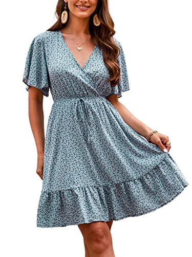 CUPSHE Damen Sommerkleid Wickeloptik V Ausschnitt Kurzarm A-Linien Rüschensaum Kurzes Kleid Freizeitkleider Beach Mini Dress Hellgrün XL von CUPSHE