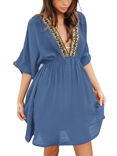 CUPSHE Damen Strand Cover Up V-Ausschnitt Bademode bestickt Badeanzug Minikleid Cover Ups, Luftiges Blau, S von CUPSHE