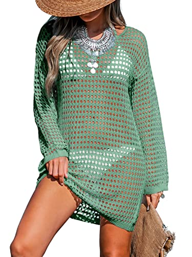 CUPSHE Damen Strandkleid Bikini Cover Up Rundhals Langarm Lochmuster Häkelstrick Freizeitkleid Sommer Beach Mini Dress Grün M von CUPSHE