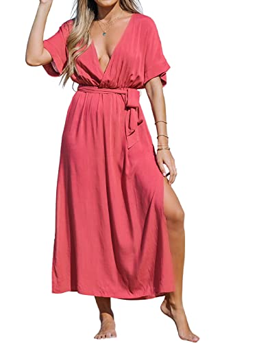 CUPSHE Damen Strandkleid Bikini Cover Up Tiefer V Ausschnitt Seitenschlitz Taillengürtel Tunika Freizeitkleider Sommer Maxi Dress Rosa M von CUPSHE