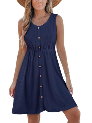 CUPSHE Damen Strandkleid Bikini Cover Up U-Ausschnitt Ärmellos Sommerkleid Knöpfe Hohles Casual Mini Dress Marineblau M von CUPSHE