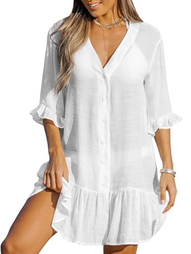 CUPSHE Damen Strandkleid Bikini Cover Up V Ausschnitt Knöpfen Rüschensaum Freizeitkleider Sommer Beach Mini Dress Weiß M von CUPSHE