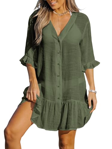 CUPSHE Damen Strandkleid Bikini Cover Up V Ausschnitt Knopfleiste Rüschen Freizeitkleider Sommer Loose Beachwear Mini Dress Dunkelgrün M von CUPSHE