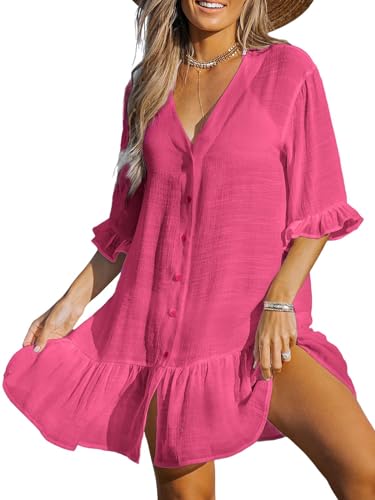 CUPSHE Damen Strandkleid Bikini Cover Up V Ausschnitt Knopfleiste Rüschen Freizeitkleider Sommer Loose Beachwear Mini Dress Fuchsia L von CUPSHE