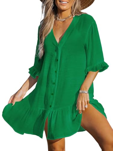 CUPSHE Damen Strandkleid Bikini Cover Up V Ausschnitt Knopfleiste Rüschen Freizeitkleider Sommer Loose Beachwear Mini Dress Grün XL von CUPSHE