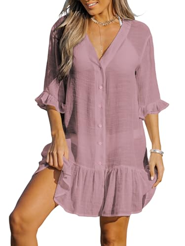 CUPSHE Damen Strandkleid Bikini Cover Up V Ausschnitt Knopfleiste Rüschen Freizeitkleider Sommer Loose Beachwear Mini Dress Rose XS von CUPSHE